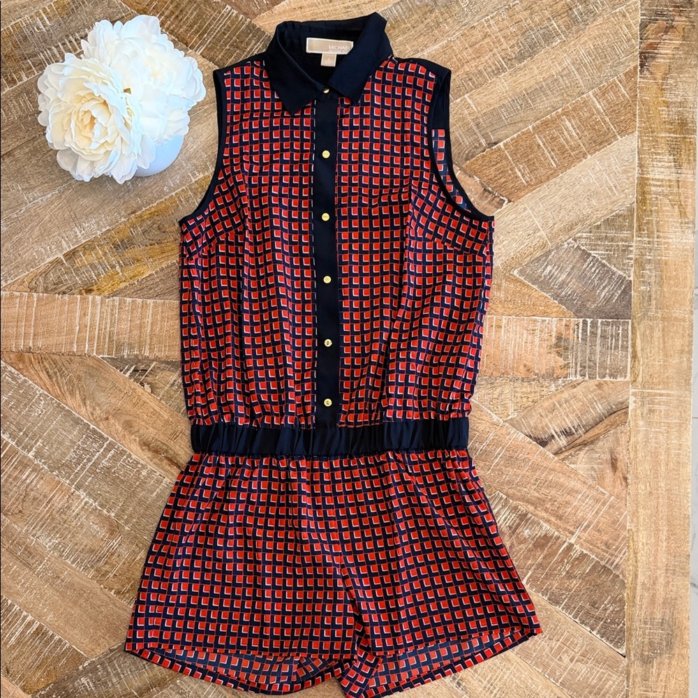 MICHAEL Michael Kors Navy and Red Orange Sleeveless Collared Romper